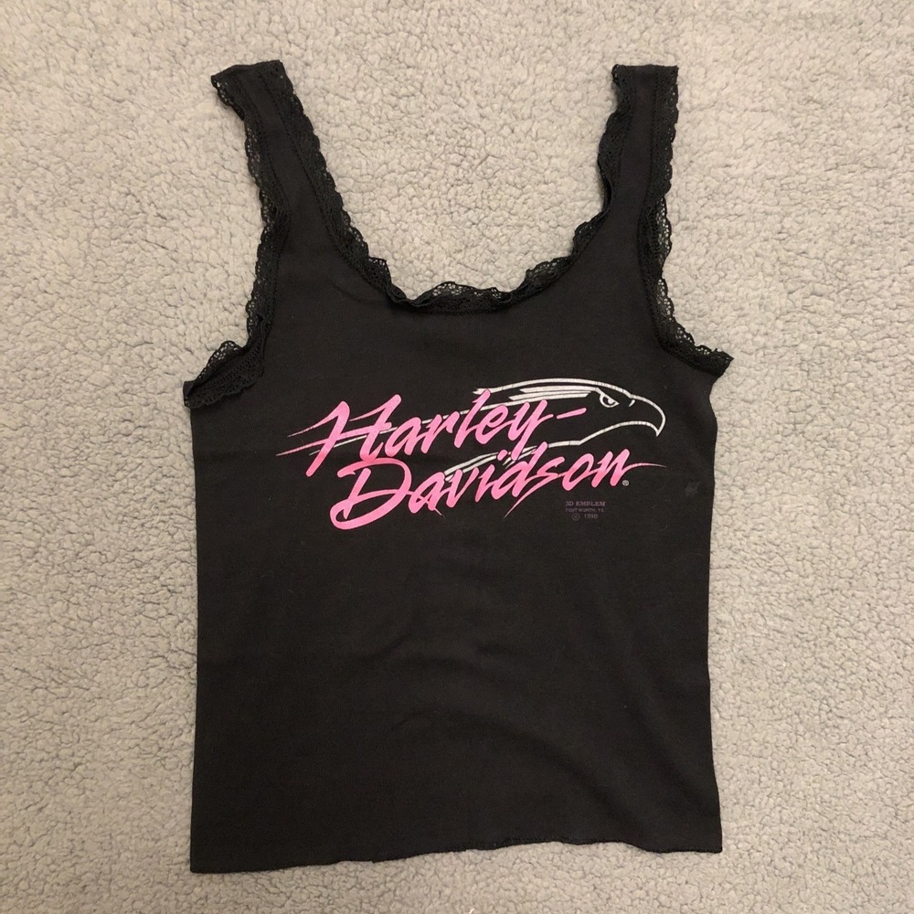 Vtg 90s Pink 3D Emblem Harley Davidson Lace Crop‎ Top Tank Medium Black Eagle